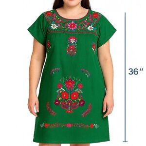 Mexican Traditional Handmade Embroidered Midi Dress Green Floral – Size M